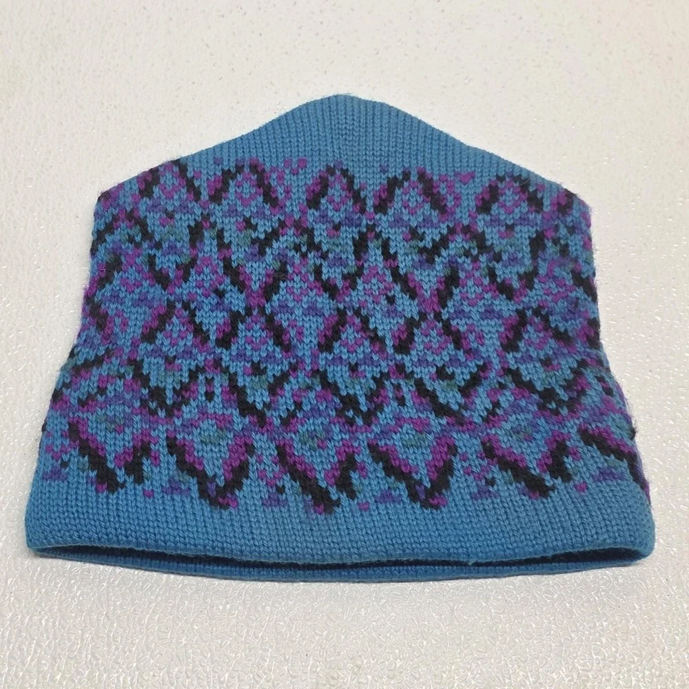 Vintage 90s Columbia Diamond Peak Knit Wool Beanie Hat Blue Purple Red Black